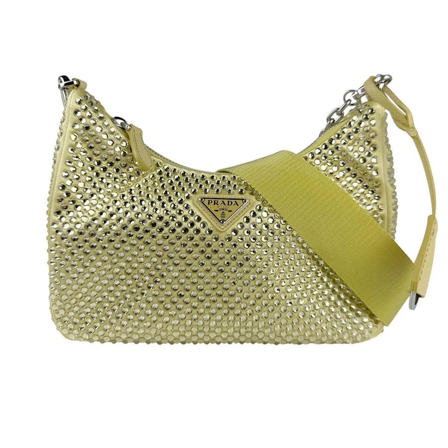PRADA 2-WAY BAG SHOULDER BAG YELLOW/SILVER SATIN: PRADA 2-Way Bag Shoulder Bag Yellow/Silver Satin Brand: PRADA Type: Shoulder Bag Material: Satin x Rhinestone Color: Yellow Size: W:8.3inx H:4.7inx D:2.4in Handle Length:18.1in Shoulder Length: 42