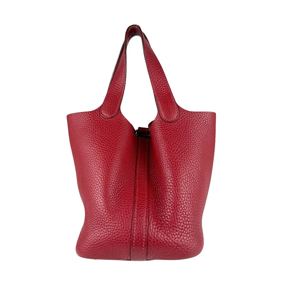 HERMES PICOTIN PM 18 HANDBAG DARK RED: HERMES Picotin PM 18 Handbag Dark Red Brand: HERMES Type: Handbag Material: leather Color: Dark Red Size: W:7.1inx H:7.1inx D:5.1in Handle Length:11.8in Accessories: None Accessories Notic
