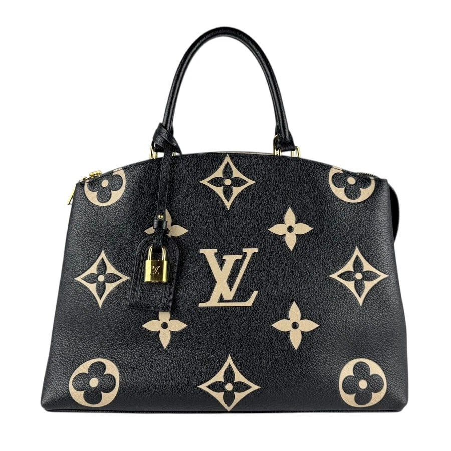 LOUIS VUITTON EMPREINTE GRAND PALAIS MM HANDBAG: LOUIS VUITTON Empreinte Grand Palais MM Handbag Brand: LOUIS VUITTON Type: Handbag Material: Monogram Empreinte Leather Color: Black / Beige Size: W:13.8inx H:10.2inx D:6.3in Handle Length:13.0in