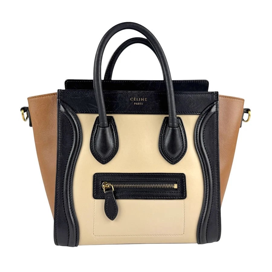 CELINE LUGGAGE NANO SHOPPER HANDBAG CROSSBODY SHOULDER BAG: CELINE Luggage Nano Shopper Handbag Crossbody Shoulder Bag Brand: CELINE Type: Handbag Material: Leather Color: Beige/Black/Brown Size: W:7.9inx H:7.9inx D:2.8in Handle Length:11.4in Shoulder Leng