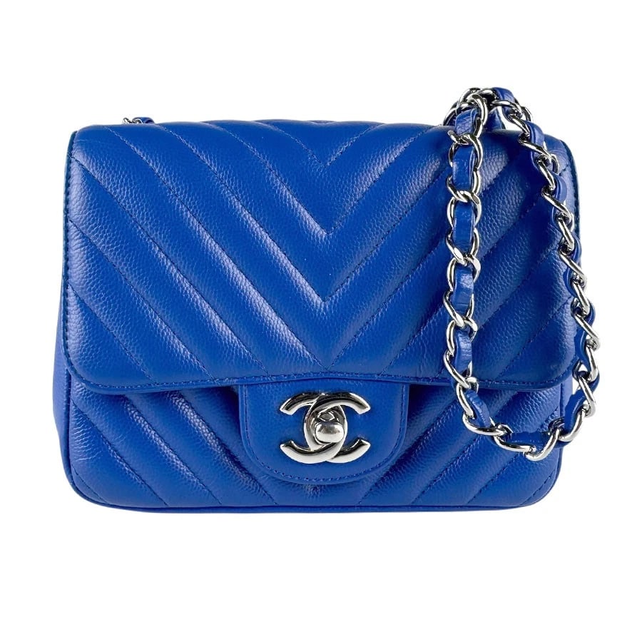 CHANEL V STITCH CHEVRON SHOULDER BAG: CHANEL V Stitch Chevron Shoulder Bag Brand: CHANEL Type: Shoulder Bag Material: Caviar Skin Leather Color: Blue Size: W:6.3inx H:5.5inx D:2.8in Shoulder Length: 43.3in Accessories: None Ac