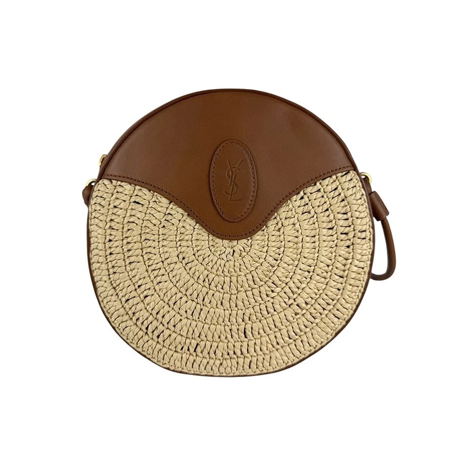 SAINT LAURENT ROUND CAMERA BAG SHOULDER BAG: SAINT LAURENT Round Camera Bag Shoulder Bag Brand: SAINT LAURENT Type: Shoulder Bag Material: Raffia x Leather Color: Brown X Natural Size: W:7.1inx H:7.1inx D:1.2in Shoulder Length: 39.4in Acces