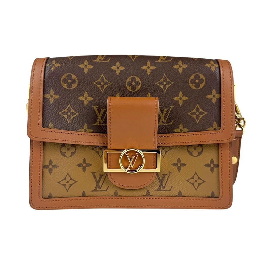 LOUIS VUITTON MONOGRAM REVERSE DAUPHINE MM SHOULDER BAG: LOUIS VUITTON Monogram Reverse Dauphine MM Shoulder Bag Brand: LOUIS VUITTON Type: Shoulder Bag Material: Monogram Reverse Color: Brown Size: W:9.4inx H:7.5inx D:2.8in Handle Length:27.6in Shoulde