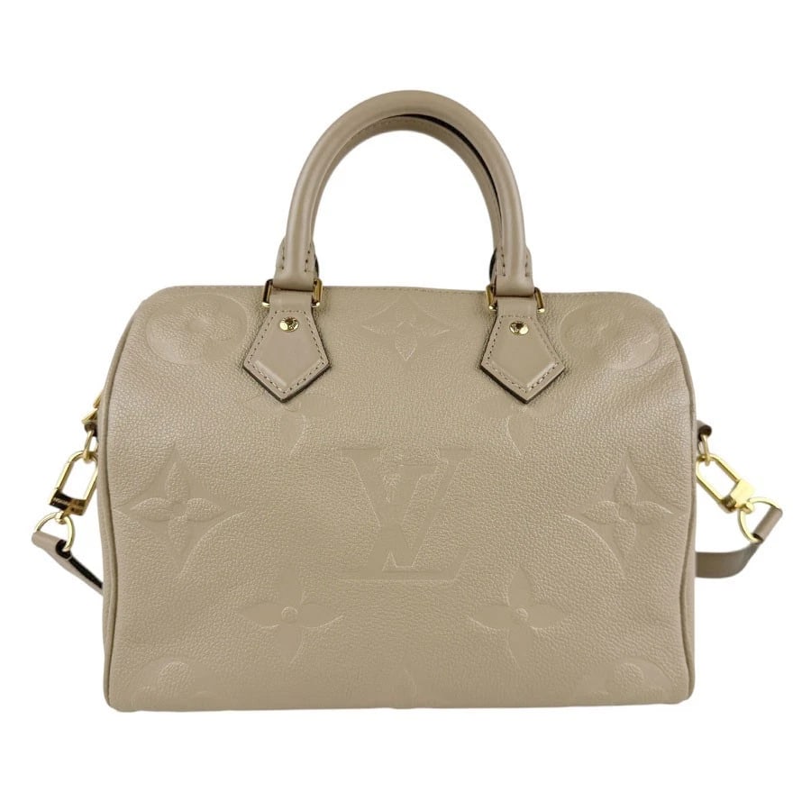 LOUIS VUITTON SPEEDY BANDOULIERE 25 HANDBAG: LOUIS VUITTON Speedy Bandouliere 25 Handbag Brand: LOUIS VUITTON Type: Handbag Material: Monogram Empreinte Leather Color: Greige Size: W:9.8inx H:8.7inx D:5.5in Handle Length:11.0in Shoulder Leng