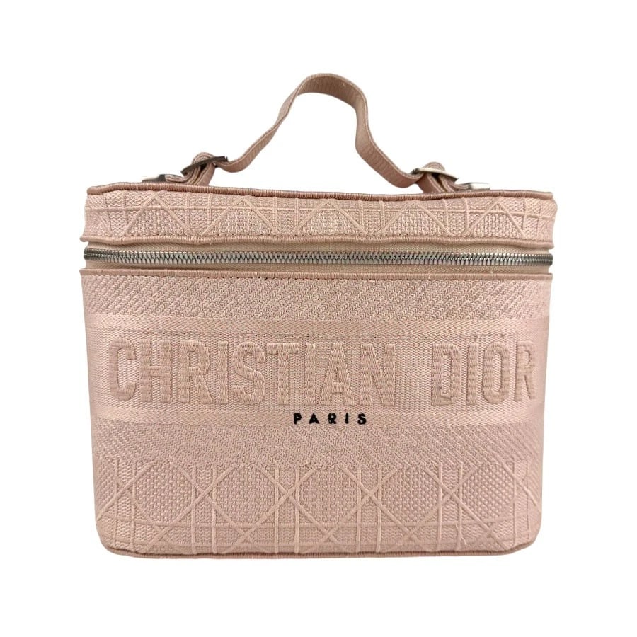 CHRISTIAN DIOR VANITY BAG HANDBAG PINK BEIGE CANVAS/SILVERTONE: Christian Dior Vanity Bag Handbag Pink Beige Canvas/Silvertone Brand: Christian Dior Type: Handbag Material: Canvas Color: Pink Beige Size: W:9.4inx H:7.1inx D:5.1in Handle Length:10.6in Accessor