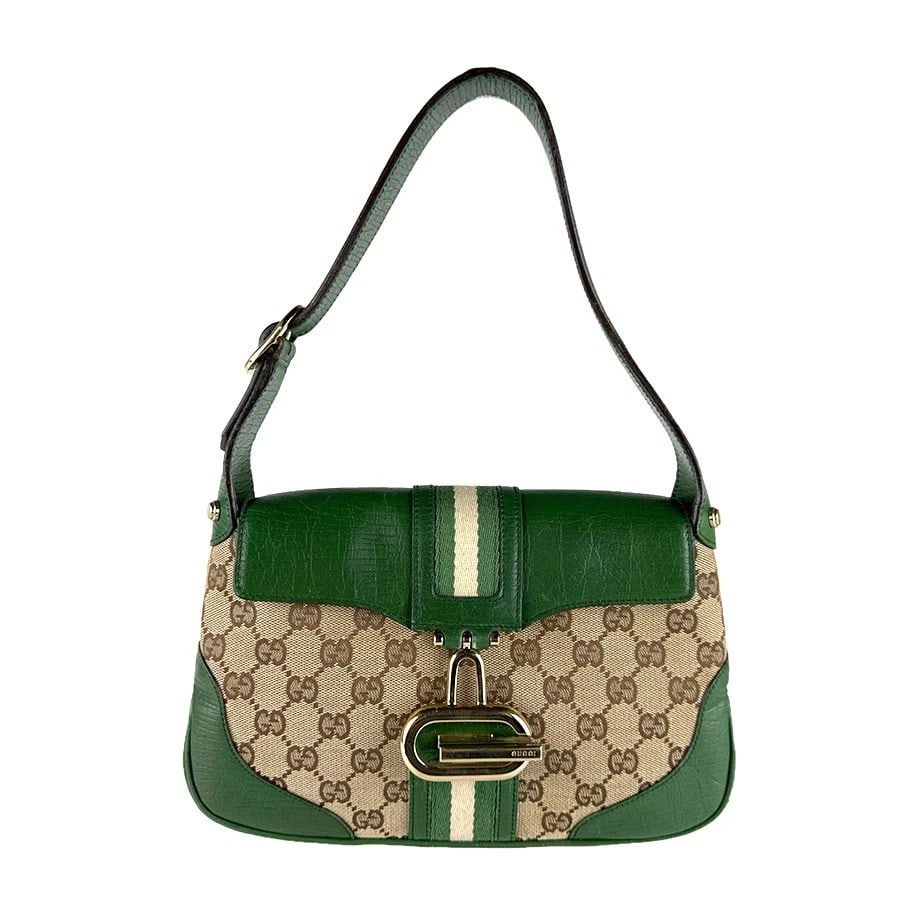GUCCI HANDBAG GREEN/BROWN GG CANVAS/LEATHER: GUCCI Handbag Green/Brown GG Canvas/Leather Brand: GUCCI Type: Handbag Material: GG Canvas x Leather Color: Green X Brown Size: W:9.8inx H:7.1inx D:1.2in Handle Length:17.3in Accessories: None