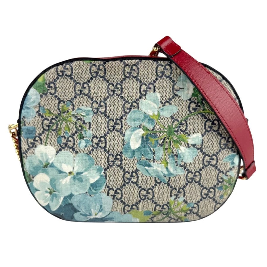 GUCCI GG BLOOMS CROSSBODY SHOULDER BAG: GUCCI GG Blooms Crossbody Shoulder Bag Brand: GUCCI Type: Crossbody Shoulder Bag Material: PVC x Leather Color: Blue/Dark Red Size: W:7.9inx H:6.3inx D:2.4in Shoulder Length: 50.4in Accessories: