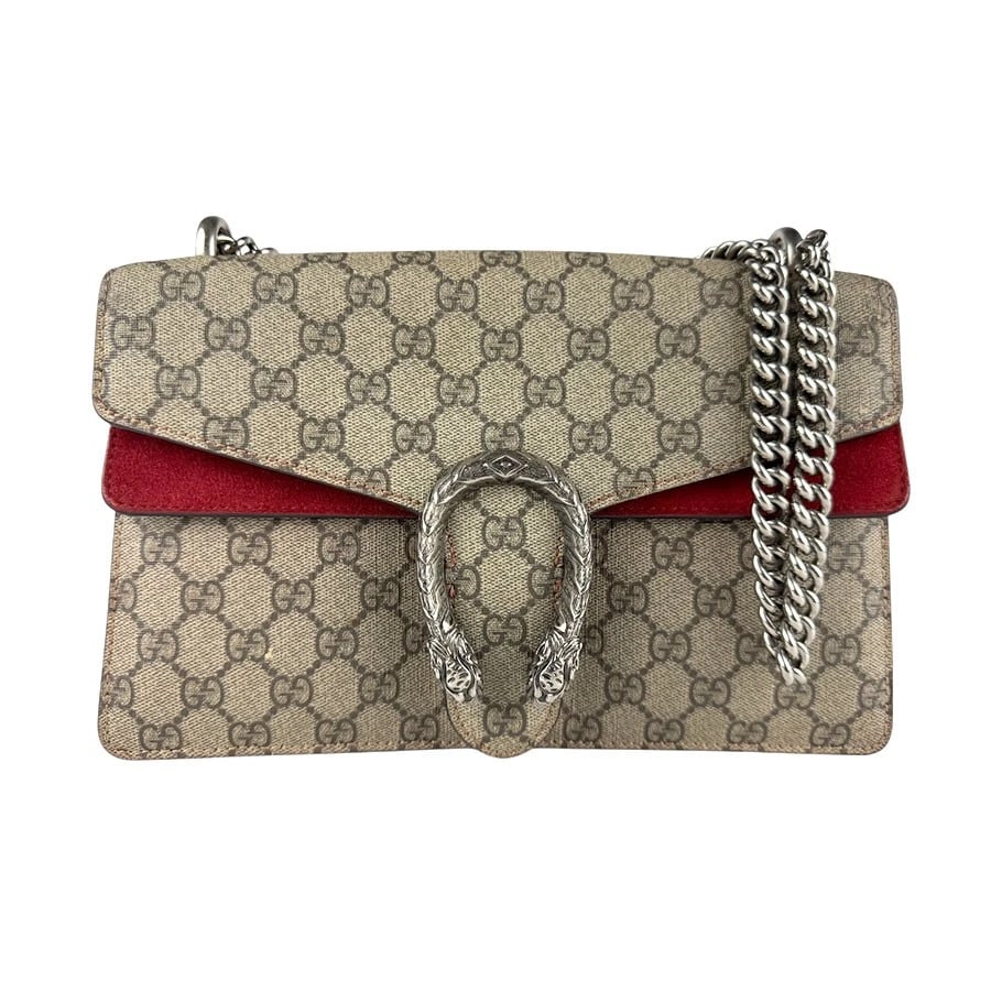 GUCCI DYONISUS GG SUPERME SHOULDER BAG BROWN: GUCCI Dyonisus GG Superme Shoulder Bag Brown Brand: GUCCI Type: Shoulder Bag Material: PVC Color: Brown X Red Size: W:10.6inx H:7.5inx D:1.6in Shoulder Length: 39.4in Accessories: None Acc