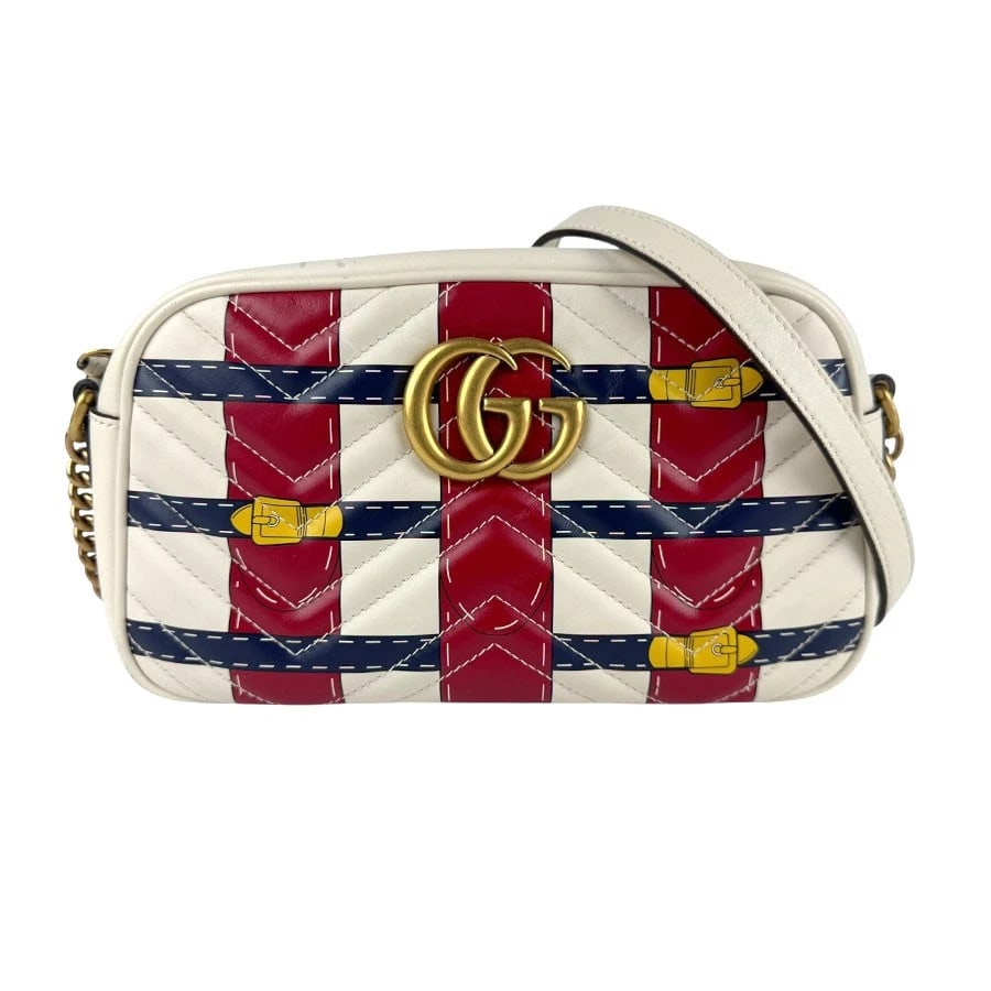 GUCCI GG MARMONT CROSSBODY SHOULDER BAG: GUCCI GG Marmont Crossbody Shoulder Bag Brand: GUCCI Type: Crossbody Shoulder Bag Material: Leather Color: Off White/Red/Navy Size: W:9.1inx H:5.5inx D:2.8in Shoulder Length: 49.6in Accessories:
