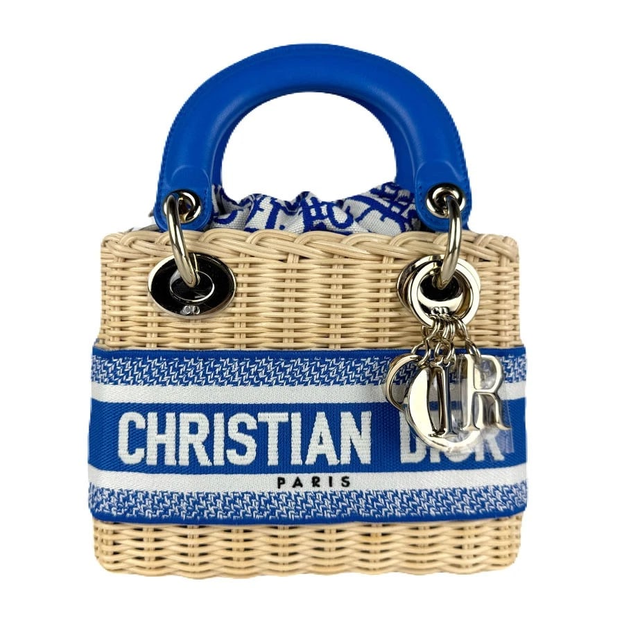 CHRISTIAN DIOR DIOR MINI HANDBAG CROSSBODY SHOULDER BAG: Christian Dior Dior Mini Handbag Crossbody Shoulder Bag Brand: Christian Dior Type: Handbag Material: LeatherWicker Color: Beige / Blue Size: W:6.7inx H:5.5inx D:2.8in Handle Length:9.4in Shoulder