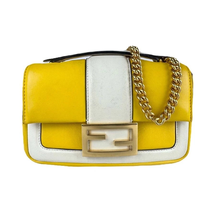 FENDI MINI BAGUETTE CHAIN NAPPA APOLO BICOLOR SHOULDER BAG: FENDI Mini Baguette Chain Nappa Apolo Bicolor Shoulder Bag Brand: FENDI Type: Shoulder Bag Material: Leather Color: Yellow / White Size: W:7.1inx H:4.7inx D:2.0in Shoulder Length: 43.3in Accessor