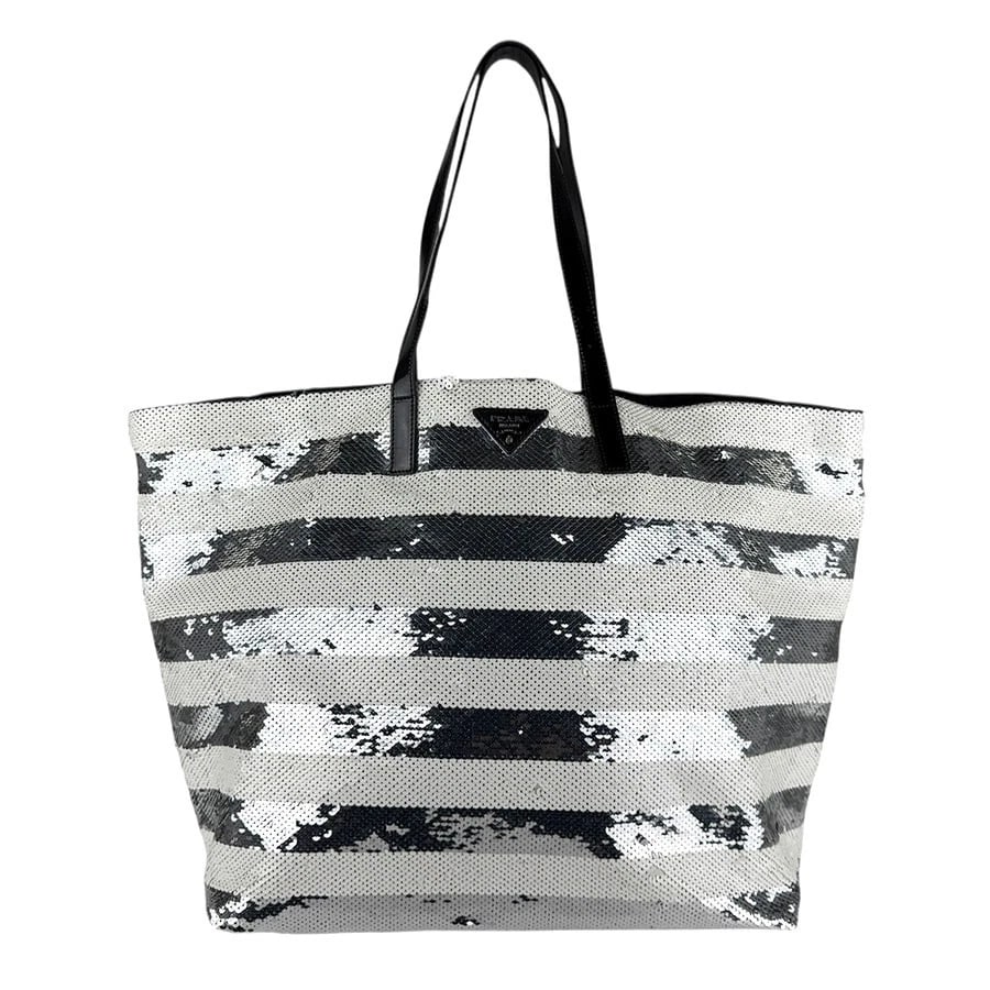 PRADA HANDBAG TOTE BAG SILVER/WHITE SEQUIN/PATENT: PRADA Handbag Tote Bag Silver/White Sequin/Patent Brand: PRADA Type: Handbag Material: Sequin Color: Silverx White Size: W:13.4inx H:12.6inx D:7.5in Shoulder Length: 21.3in Accessories: None <