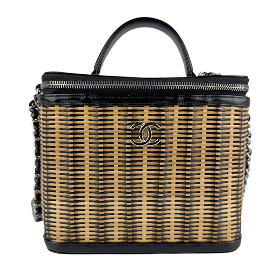 CHANEL VANITY HANDBAG SHOULDER BAG BLACK/BEIGE: CHANEL Vanity Handbag Shoulder Bag Black/Beige Brand: CHANEL Type: Handbag Material: Straw x Leather Color: Black / Beige Size: W:7.9inx H:6.7inx D:5.1in Handle Length:7.9in Shoulder Length: 39.4i