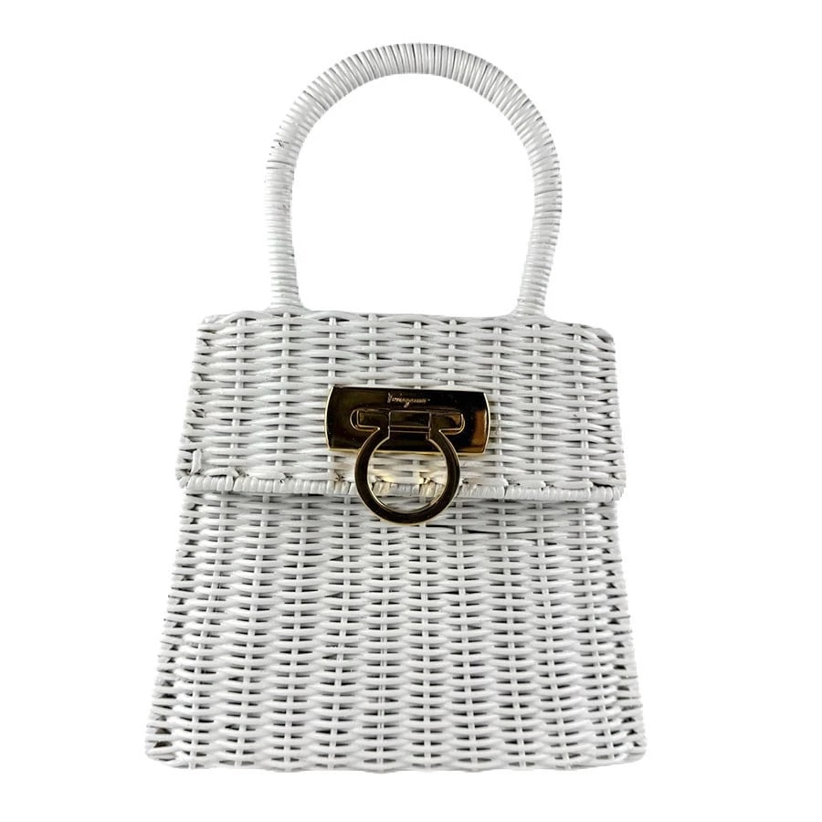 SALVATORE FERRAGAMO GANCINI HANDBAG WHITE/GOLD: Salvatore Ferragamo Gancini Handbag White/Gold Brand: Salvatore Ferragamo Type: Handbag Material: Rattan Color: White Size: W:7.9inx H:6.7inx D:4.3in Handle Length:11.8in Accessories: None