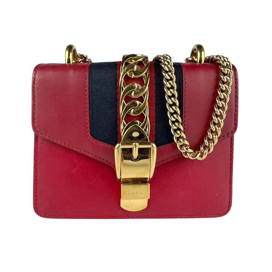 GUCCI SYLVIE CHIAN SHOULDER BAG RED/GOLD LEATHER: GUCCI Sylvie Chian Shoulder Bag Red/Gold Leather Brand: GUCCI Type: Shoulder Bag Material: Leather Color: Red Size: W:7.1inx H:5.9inx D:2.8in Handle Length:38.6in Shoulder Length: 39.4in Accessor