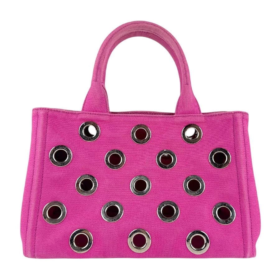 PRADA CANAPA HANDBAG SHOULDER BAG PINK/SILVER: PRADA Canapa Handbag Shoulder Bag Pink/Silver Brand: PRADA Type: Handbag Material: canvas Color: Pink Size: W:11.0inx H:7.5inx D:5.5in Handle Length:12.6in Shoulder Length: 40.9in Accessories: No