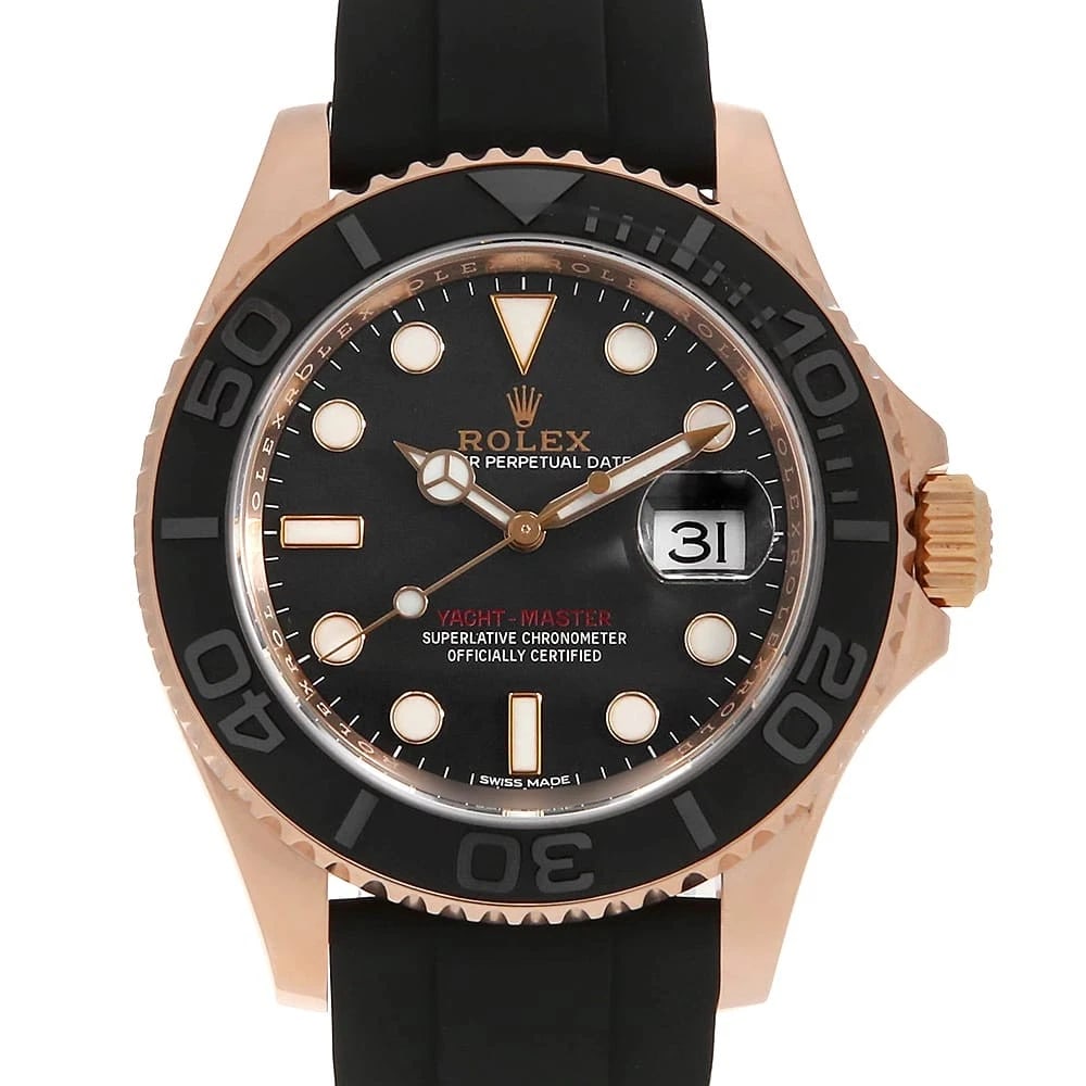 ROLEX YACHT MASTER BLACK WATCH: ROLEX Yacht master black Watch Brand: ROLEX Type: Wrist watch Material: Band Material rubber, Case Material Everose Gold Color: Dial Color Black Size: Band Size 17.5cm (6.9inch), Case Size Case:W4