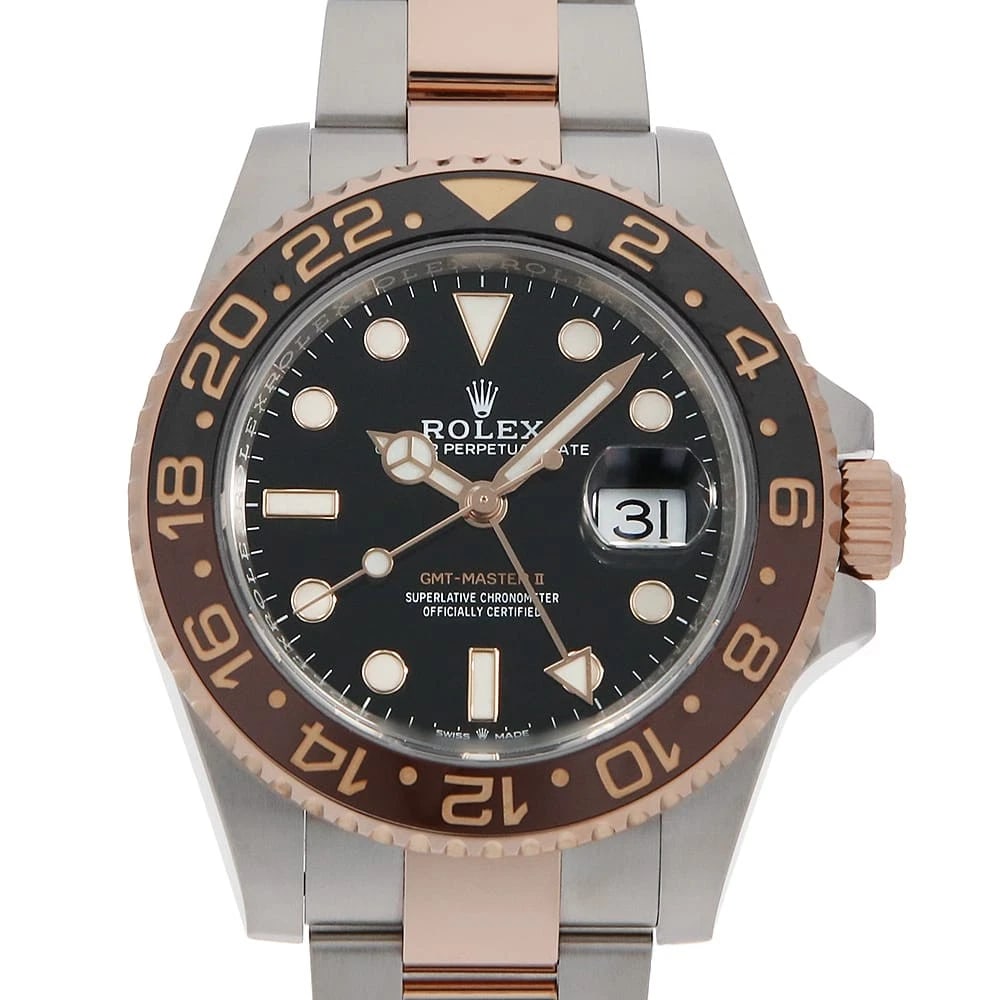 ROLEX GMT MASTER BLACK WATCH: ROLEX GMT Master black Watch Brand: ROLEX Type: Wrist watch Material: Band Material Stainless Steel/Everose Gold, Case Material Stainless Steel/Everose Gold Color: Dial Color Black Size: Band Size