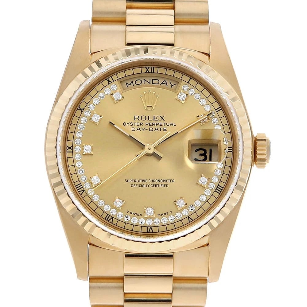 ROLEX DAY DATE CIRCLE DIAMOND CHAMPAGNE SECOND WATCH: ROLEX Day Date Circle Diamond Champagne second Watch Brand: ROLEX Type: Wrist watch Material: Band Material Yellow Gold, Case Material Yellow Gold Color: Dial Color Champagne Gold Size: Band Size