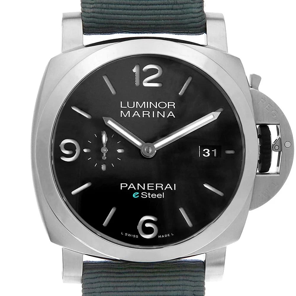 PANERAI LUMINOR MARINA ESTEEL GRIGIO ROCCIA WATCH: PANERAI Luminor Marina eSteel Grigio Roccia Watch Brand: PANERAI Type: Wrist watch Material: Band Material Nylon, Case Material eSteel Color: Dial Color Black Size: Band Size NONE, Case Size