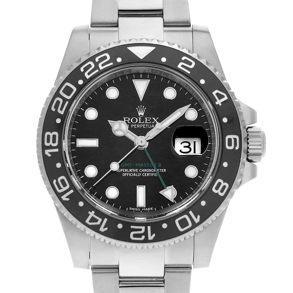 ROLEX GMT MASTER BLACK WATCH: ROLEX GMT Master black Watch Brand: ROLEX Type: Wrist watch Material: Band Material Stainless Steel, Case Material Stainless Steel Color: Dial Color Black Size: Band Size 18.5cm (7.3inch), Case Si