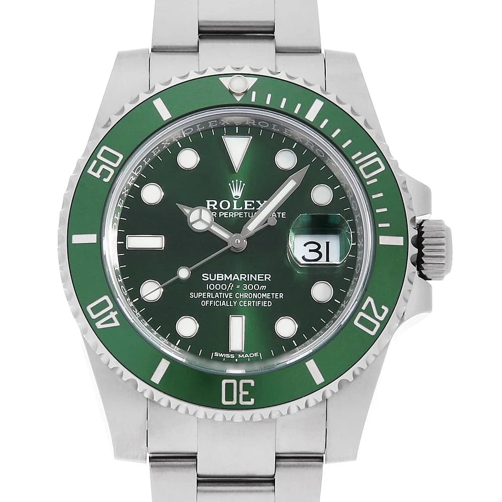 ROLEX SUBMARINER DATE GREEN WATCH: ROLEX SUBMARINER Date green Watch Brand: ROLEX Type: Wrist watch Material: Band Material Stainless Steel, Case Material Stainless Steel Color: Dial Color Green Size: Band Size 21.5cm (8.5inch), Ca