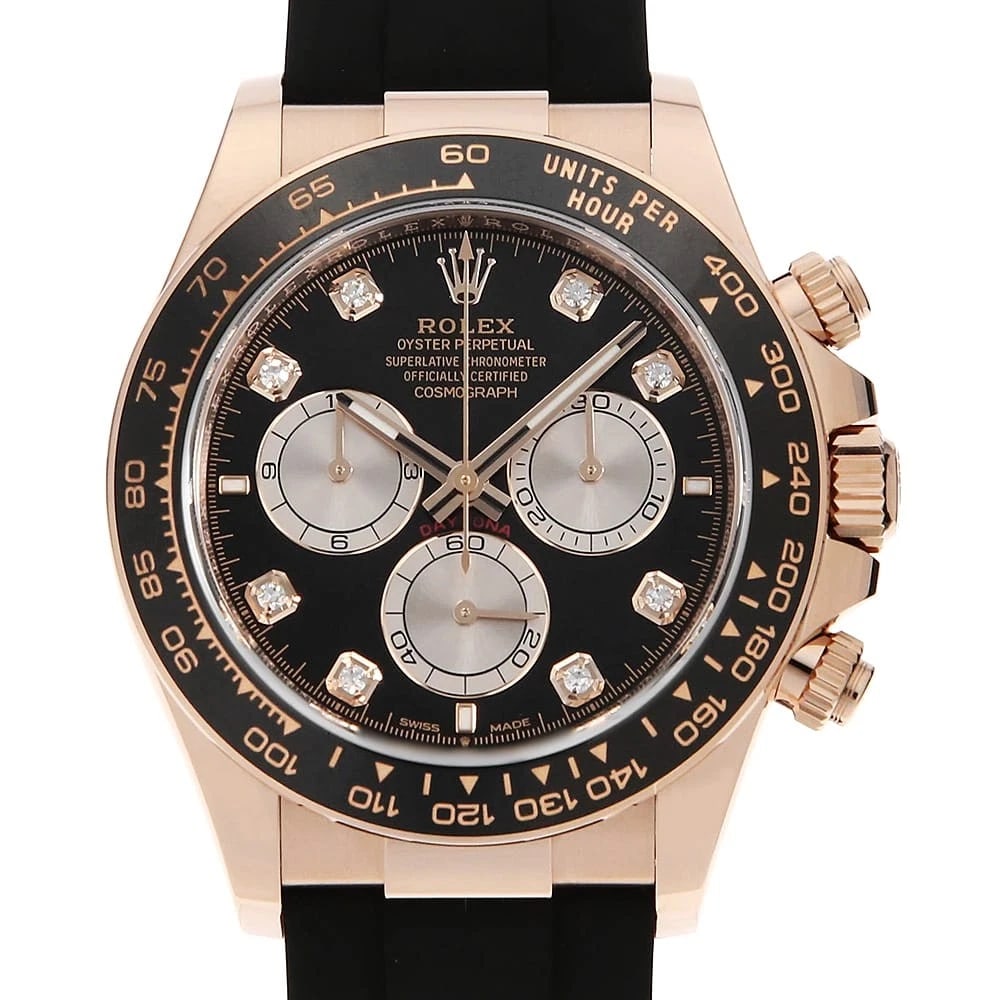 ROLEX COSMOGRAPH DAYTONA 8P DIAMOND BLACK WATCH: ROLEX Cosmograph Daytona 8P diamond black Watch Brand: ROLEX Type: Wrist watch Material: Band Material rubber, Case Material Everose Gold Color: Dial Color Black Size: Band Size 17cm (6.7inch), Ca