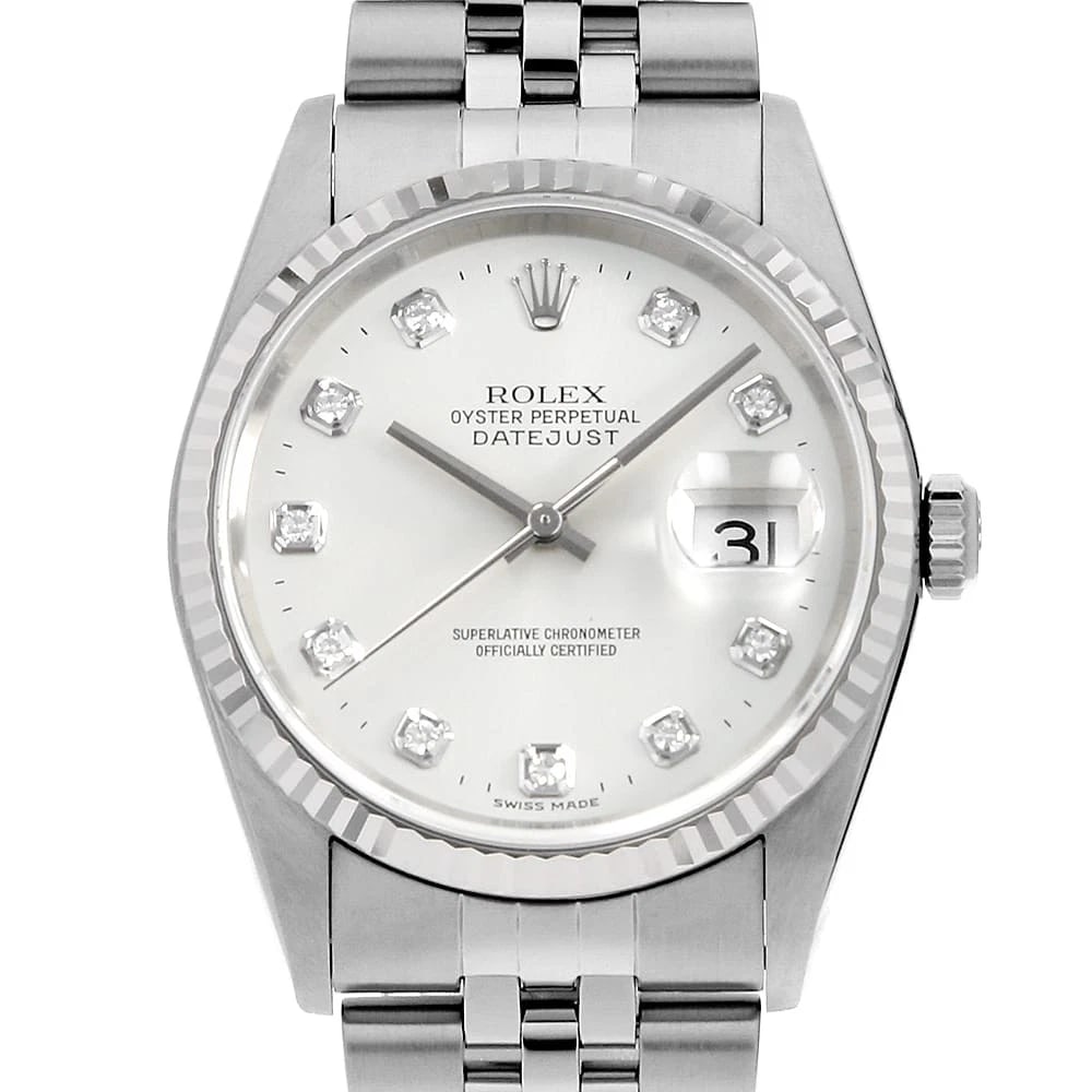 ROLEX DATEJUST DIAMOND SILVER P WATCH: ROLEX Datejust Diamond Silver P Watch Brand: ROLEX Type: Wrist watch Material: Band Material Stainless Steel, Case Material Stainless Steel/White gold Color: Dial Color Silver Size: Band Size 19.5