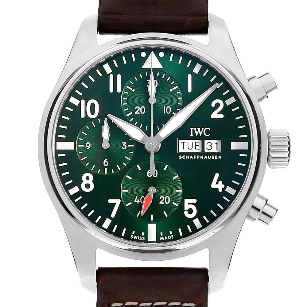 IWC PILOT WATCH CHRONOGRAPH WATCH: IWC Pilot watch chronograph Watch Brand: IWC Type: Wrist watch Material: Band Material Calfskin, Case Material Stainless Steel Color: Dial Color Green Size: Band Size NONE, Case Size Case:W41mm A