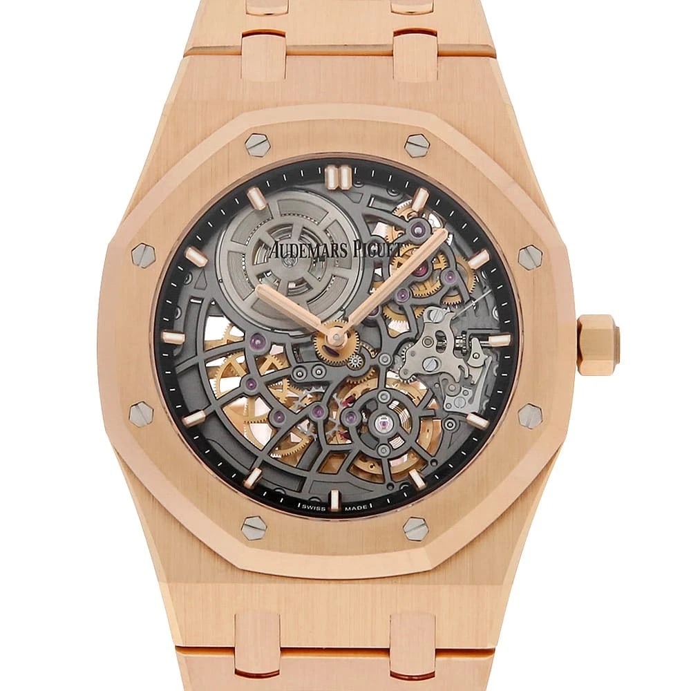AUDEMARS PIGUET ROYAL OAK JUMBO EXTRA-THIN WATCH: AUDEMARS PIGUET Royal Oak Jumbo Extra-Thin Watch Brand: AUDEMARS PIGUET Type: Wrist watch Material: Band Material Pink Gold, Case Material Pink Gold Color: Dial Color Skeleton Size: Band Size 18.5