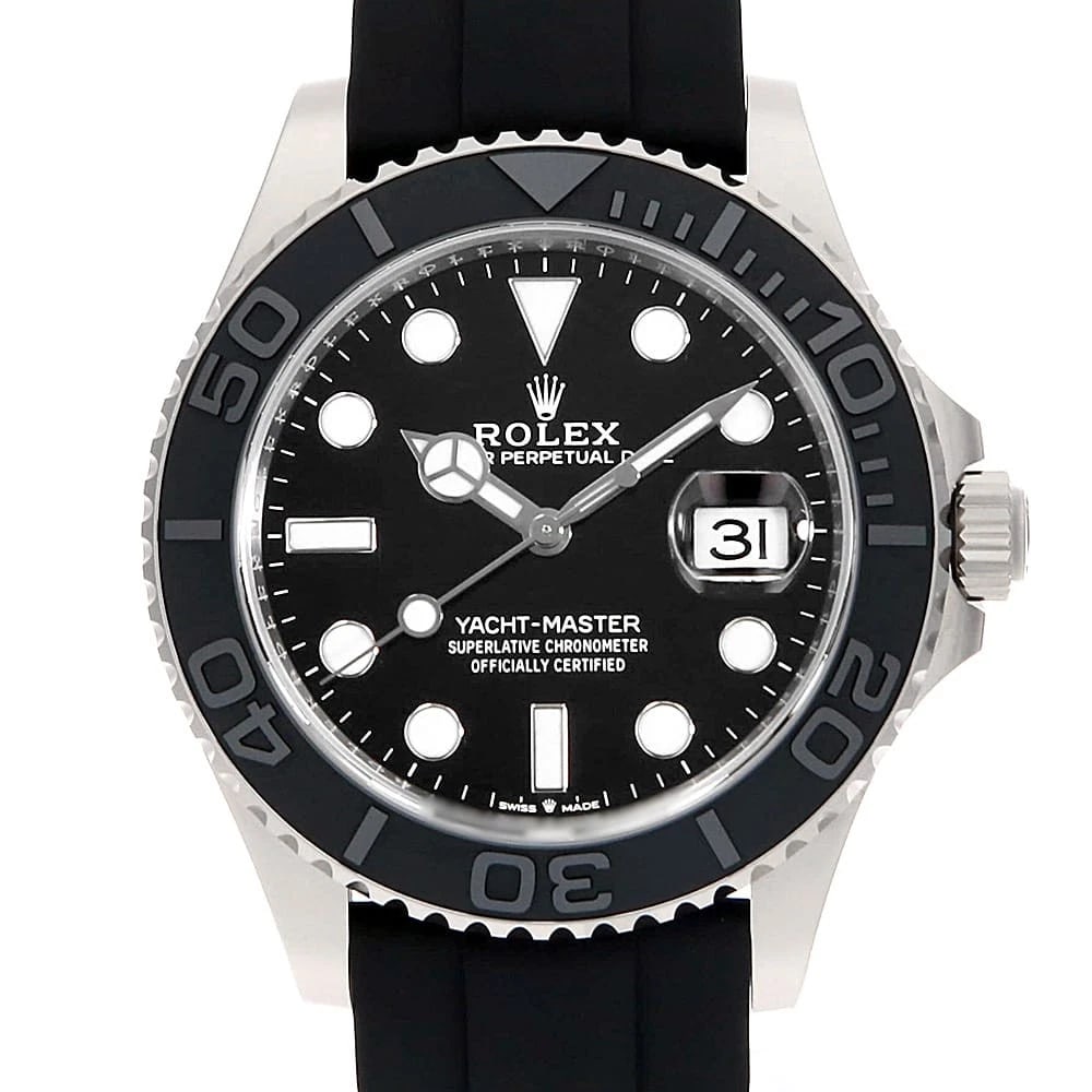 ROLEX YACHT MASTER BLACK WATCH: ROLEX Yacht Master black Watch Brand: ROLEX Type: Wrist watch Material: Band Material rubber, Case Material White Gold Color: Dial Color Black Size: Band Size 19cm (7.5inch), Case Size Case:W42mm