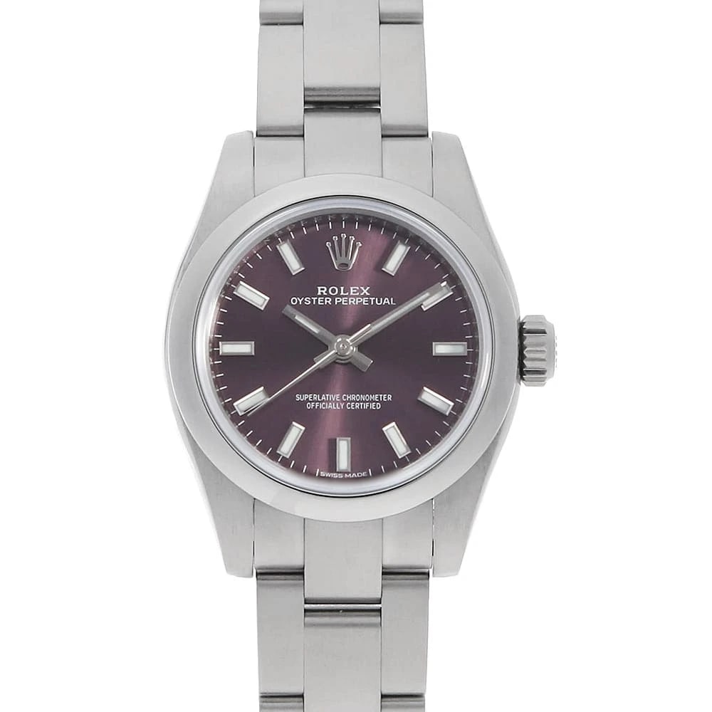 ROLEX OYSTER PERPETUAL RED GRAPE WATCH: ROLEX Oyster perpetual Red grape Watch Brand: ROLEX Type: Wrist watch Material: Band Material Stainless Steel, Case Material Stainless Steel Color: Dial Color Red grape Size: Band Size 16.5cm (6.5