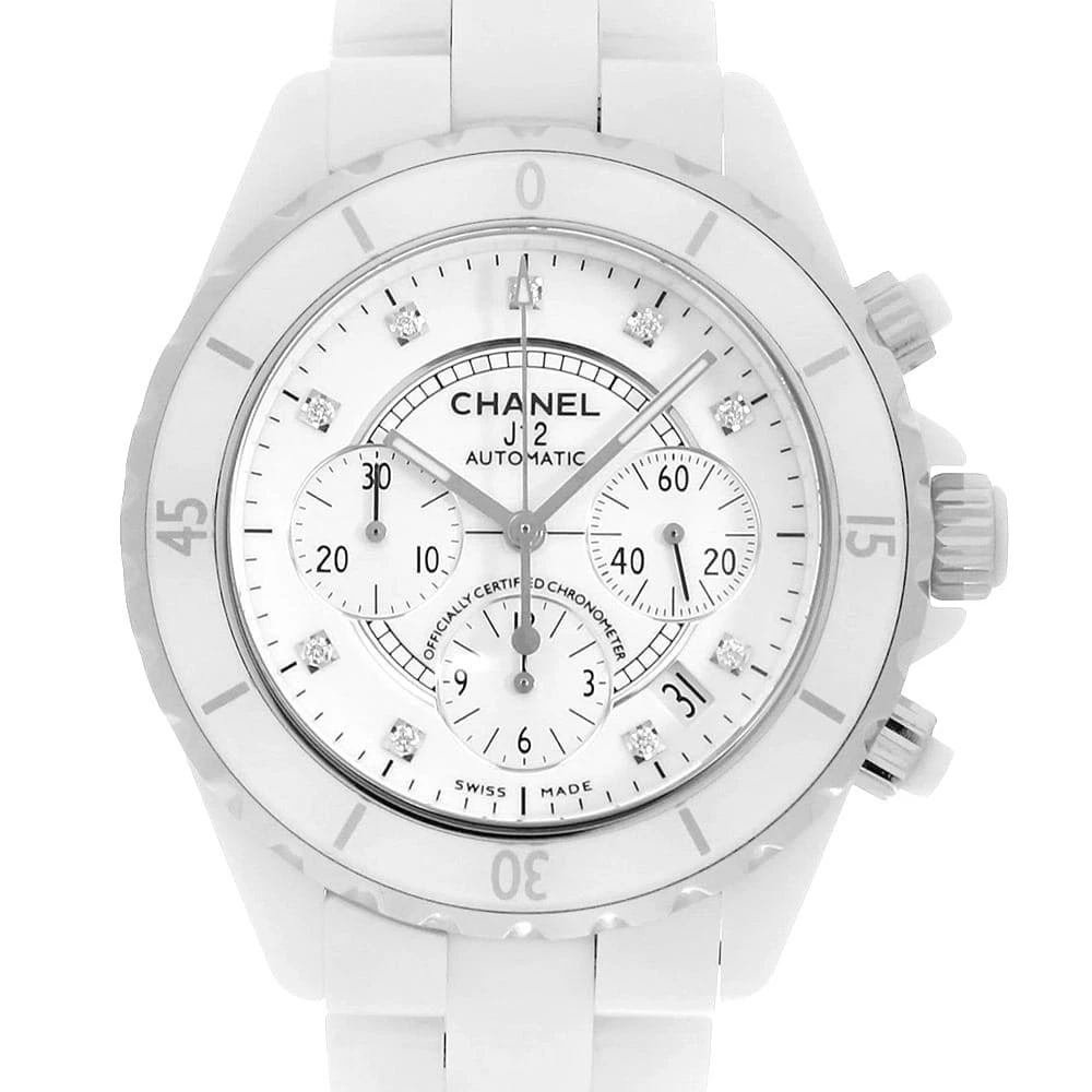 CHANEL J12 CHRONOGRAPH DIAMOND WATCH: CHANEL J12 Chronograph Diamond Watch Brand: CHANEL Type: Wrist watch Material: Band Material Ceramic, Case Material Ceramic Color: Dial Color White Size: Band Size 18cm (7.1inch), Case Size Case:W