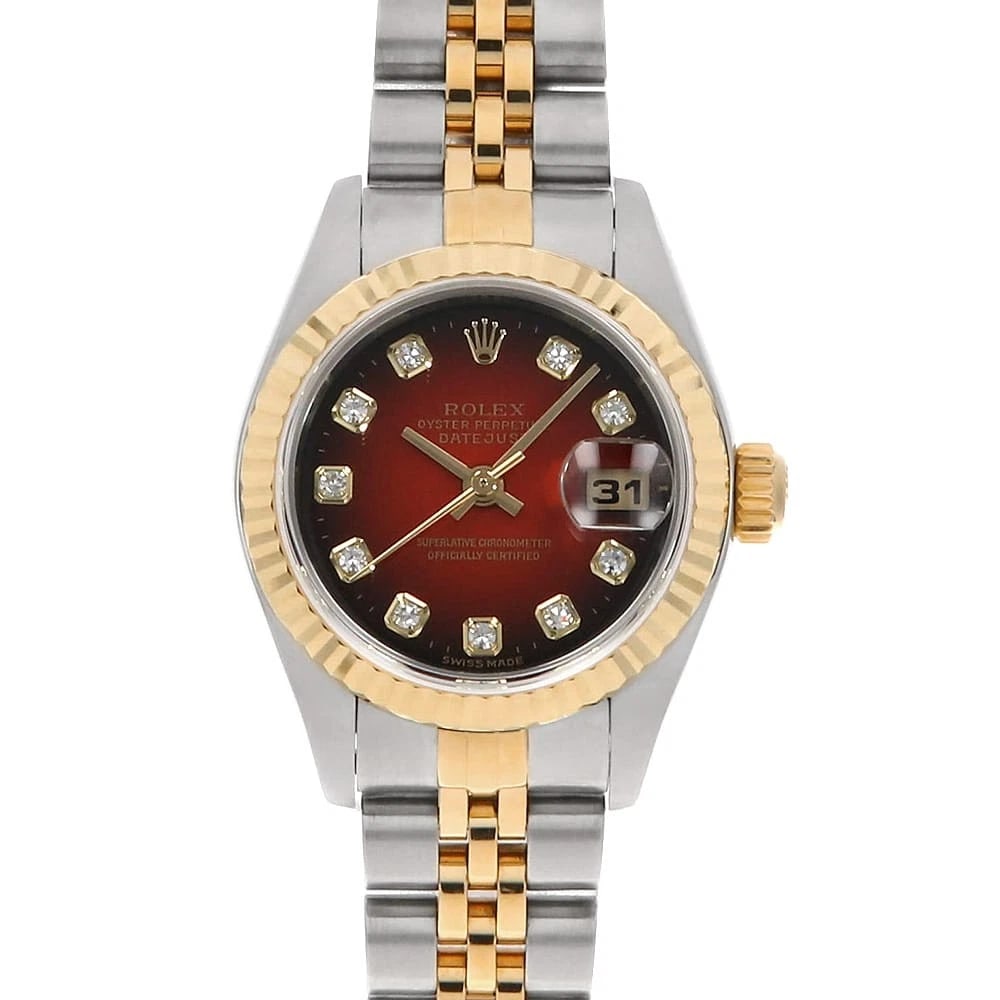 ROLEX DATEJUST DIAMOND RED GRADATION WATCH: ROLEX Datejust Diamond Red Gradation Watch Brand: ROLEX Type: Wrist watch Material: Band Material Stainless Steel/Yellow Gold, Case Material Stainless Steel/Yellow Gold Color: Dial Color Red Size: