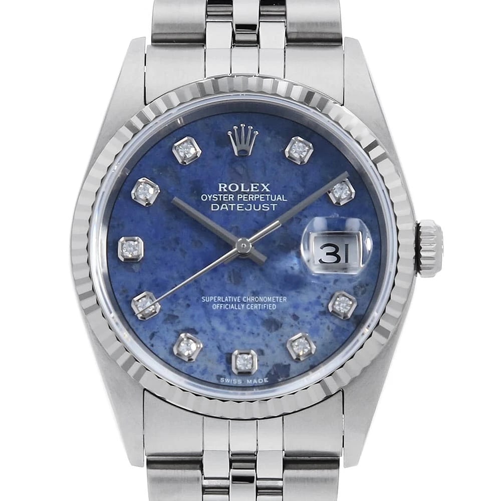 ROLEX DATEJUST DIAMOND SODALITE WATCH: ROLEX Datejust Diamond Sodalite Watch Brand: ROLEX Type: Wrist watch Material: Band Material Stainless Steel, Case Material Stainless Steel/White gold Color: Dial Color Sodalite Size: Band