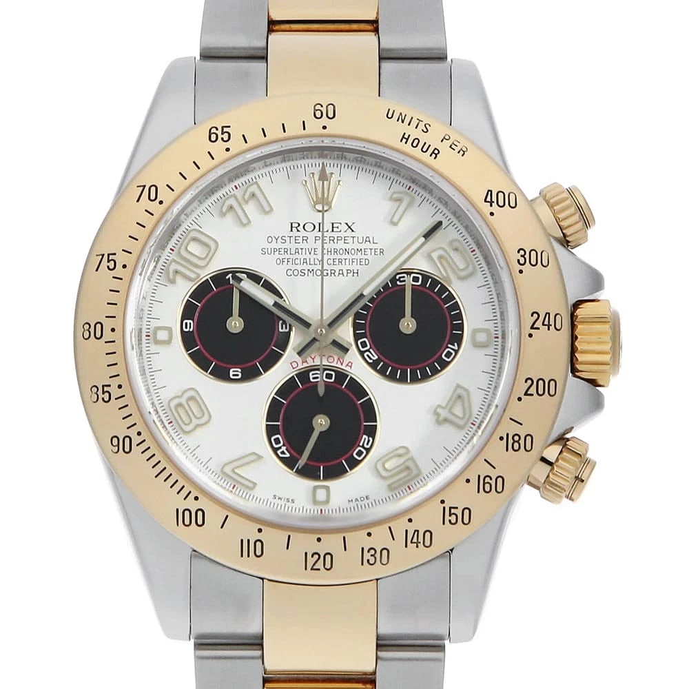 ROLEX COSMOGRAPH DAYTONA WHITE BLACK ARABIAN WATCH: ROLEX Cosmograph Daytona White black Arabian Watch Brand: ROLEX Type: Wrist watch Material: Band Material Stainless Steel/Yellow Gold, Case Material Stainless Steel/Yellow Gold Color: Dial