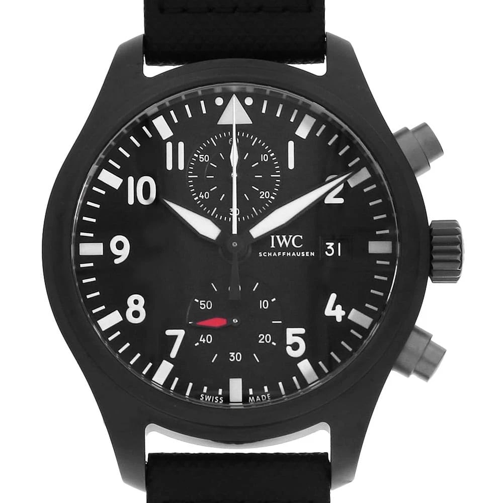 IWC PILOT WATCH CHRONOGRAPH TOP GUN WATCH: IWC Pilot Watch Chronograph Top Gun Watch Brand: IWC Type: Wrist watch Material: Band Material rubber, Case Material Titanium Color: Dial Color Black Size: Band Size NONE, Case Size Case:W44mm