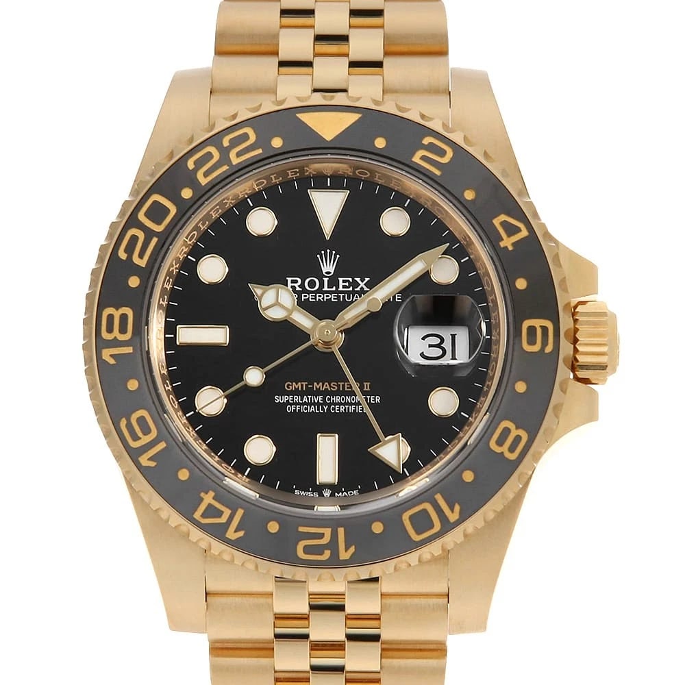 ROLEX GMT MASTER BLACK WATCH: ROLEX GMT Master black Watch Brand: ROLEX Type: Wrist watch Material: Band Material Yellow Gold, Case Material Yellow Gold Color: Dial Color Black Size: Band Size 18.5cm (7.3inch), Case Size Case: