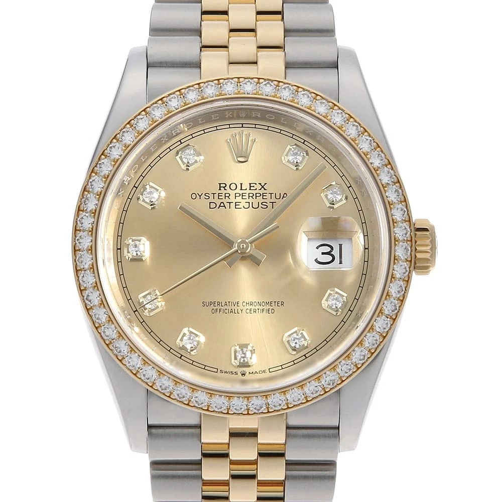 ROLEX DATEJUST 36 BEZEL DIAMOND 10P DIAMOND WATCH: ROLEX Datejust 36 Bezel Diamond 10P Diamond Watch Brand: ROLEX Type: Wrist watch Material: Band Material Stainless Steel/Yellow Gold, Case Material Stainless Steel/Yellow Gold Color: Dial Color Cha