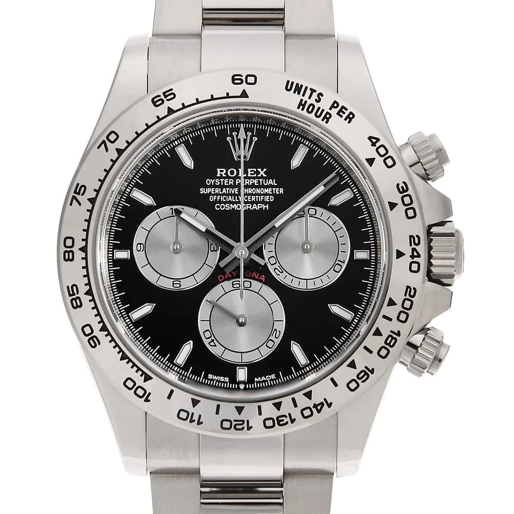 ROLEX COSMOGRAPH DAYTONA BLACK WATCH: ROLEX Cosmograph Daytona black Watch Brand: ROLEX Type: Wrist watch Material: Band Material White Gold, Case Material White Gold Color: Dial Color Black Size: Band Size 19cm (7.5inch), Case Size C