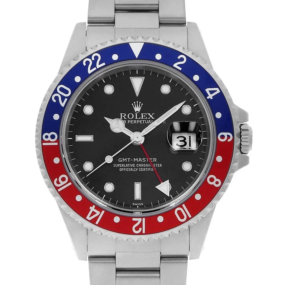 ROLEX GMT MASTER RED BLUE BEZEL BLACK WATCH: ROLEX GMT Master Red Blue Bezel black Watch Brand: ROLEX Type: Wrist watch Material: Band Material Stainless Steel, Case Material Stainless Steel Color: Dial Color Black Size: Band Size 18.5cm (7.