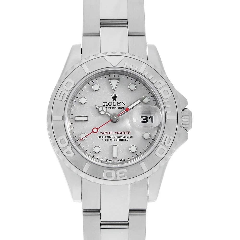 ROLEX YACHT MASTER SILVER D WATCH: ROLEX Yacht master Silver D Watch Brand: ROLEX Type: Wrist watch Material: Band Material Stainless Steel, Case Material Stainless Steel/Platinum Color: Dial Color Silver Size: Band Size 17.5cm (6.