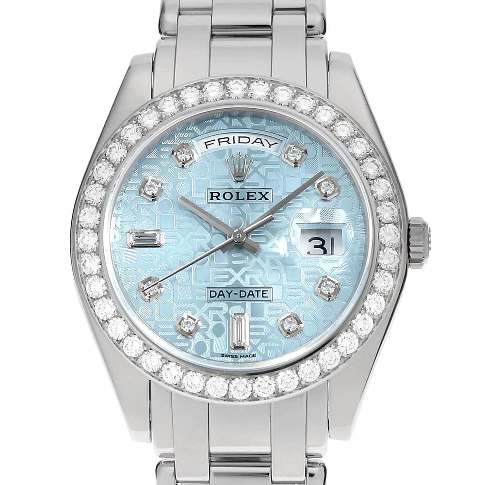 ROLEX DAY DATE PEARLMASTER BEZEL DIAMOND WATCH: ROLEX Day Date Pearlmaster Bezel Diamond Watch Brand: ROLEX Type: Wrist watch Material: Band Material Platinum, Case Material Platinum Color: Dial Color Ice Blue Size: Band Size 18.5cm (7.3inch),