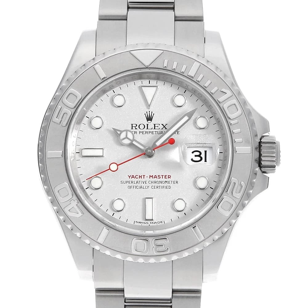 ROLEX YACHT MASTER SILVER WATCH: ROLEX Yacht master Silver Watch Brand: ROLEX Type: Wrist watch Material: Band Material Stainless Steel, Case Material Stainless Steel/Platinum Color: Dial Color Silver Size: Band Size 19cm (7.5inc