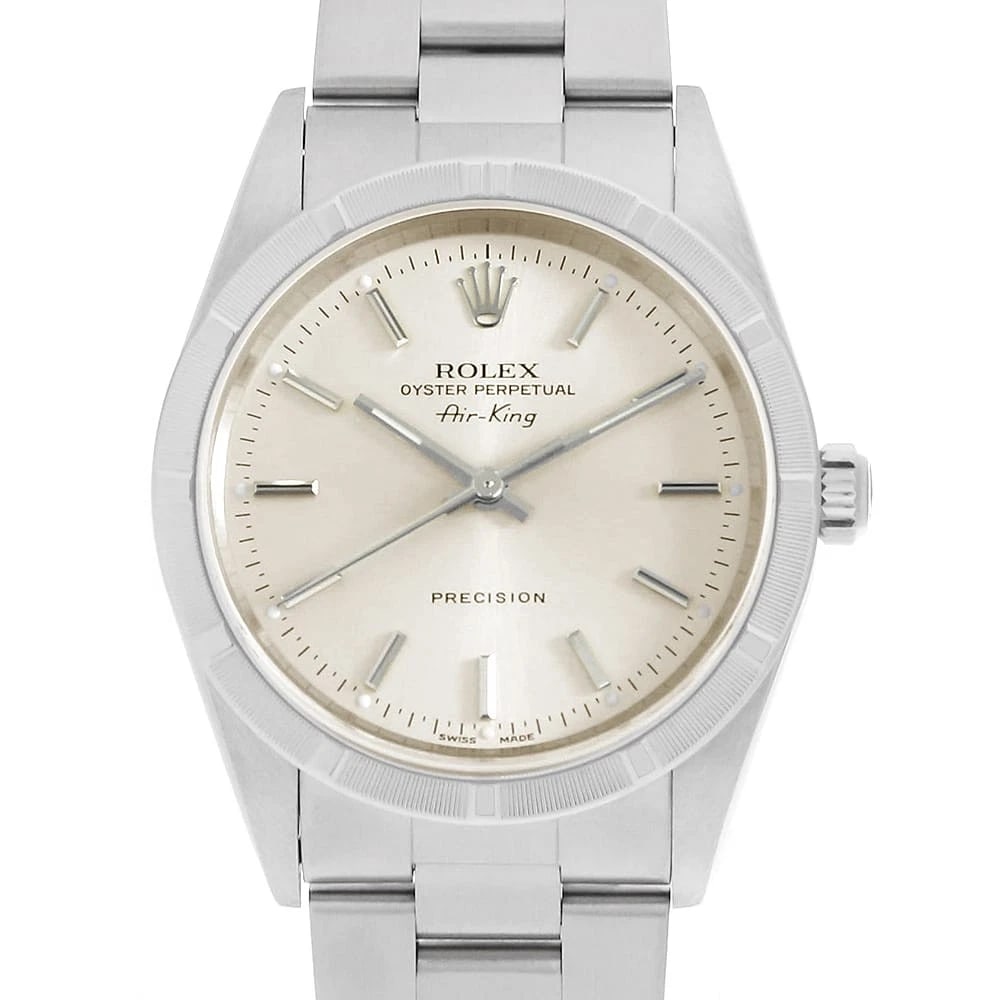 ROLEX AIR KING SILVER WATCH: ROLEX Air king Silver Watch Brand: ROLEX Type: Wrist watch Material: Band Material Stainless Steel, Case Material Stainless Steel Color: Dial Color Silver Size: Band Size 18cm (7.1inch), Case Size