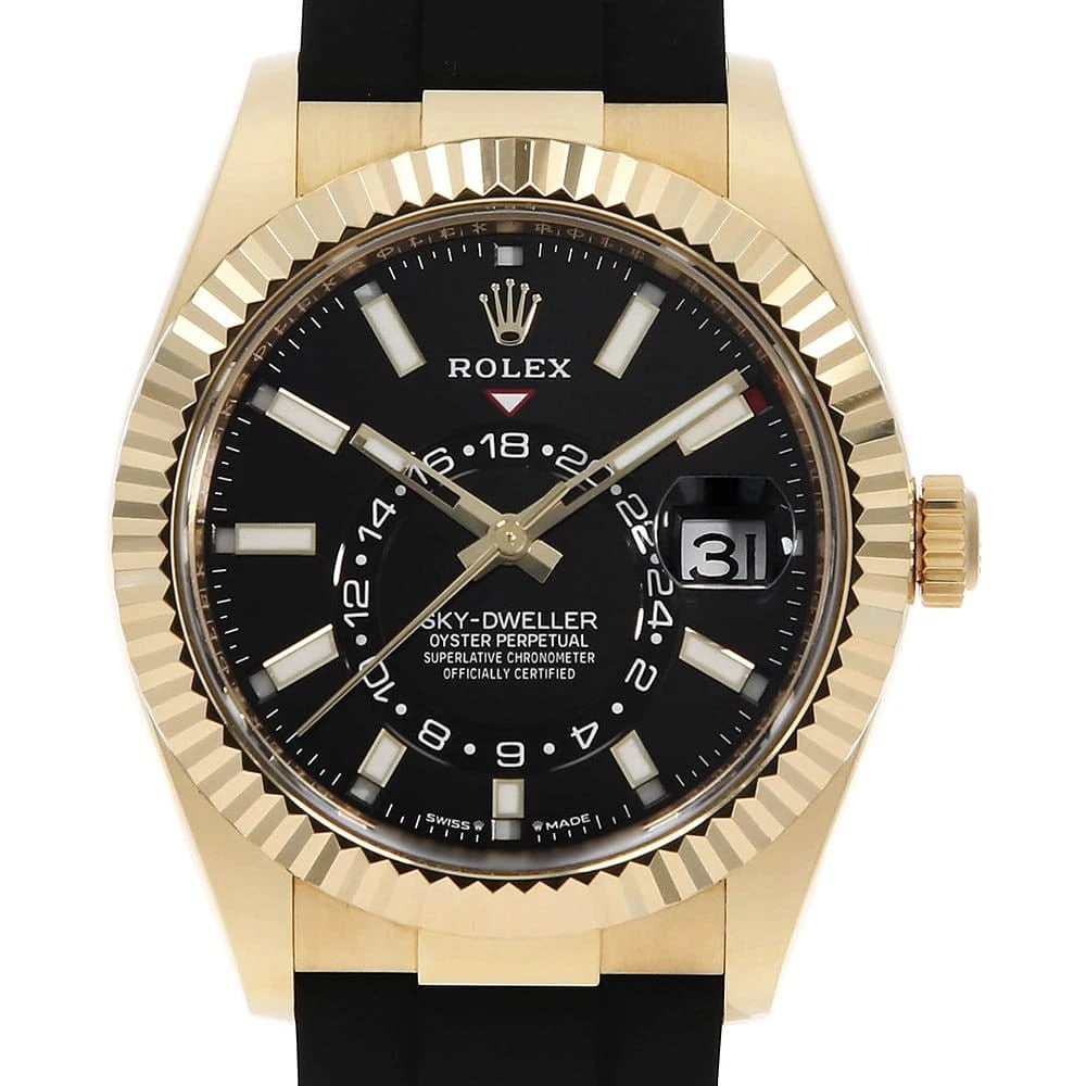 ROLEX SKY DWELLER BLACK WATCH: ROLEX SKY DWELLER black Watch Brand: ROLEX Type: Wrist watch Material: Band Material rubber, Case Material Yellow Gold Color: Dial Color Black Size: Band Size 18.5cm (7.3inch), Case Size Case:W42m