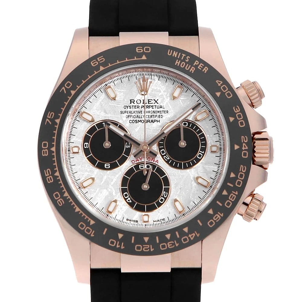 ROLEX COSMOGRAPH DAYTONA METEO METEOLITE X BLACK WATCH: ROLEX Cosmograph Daytona METEO Meteolite x black Watch Brand: ROLEX Type: Wrist watch Material: Band Material rubber, Case Material Everose Gold Color: Dial Color Meteorite Size: Band Size 18cm (7