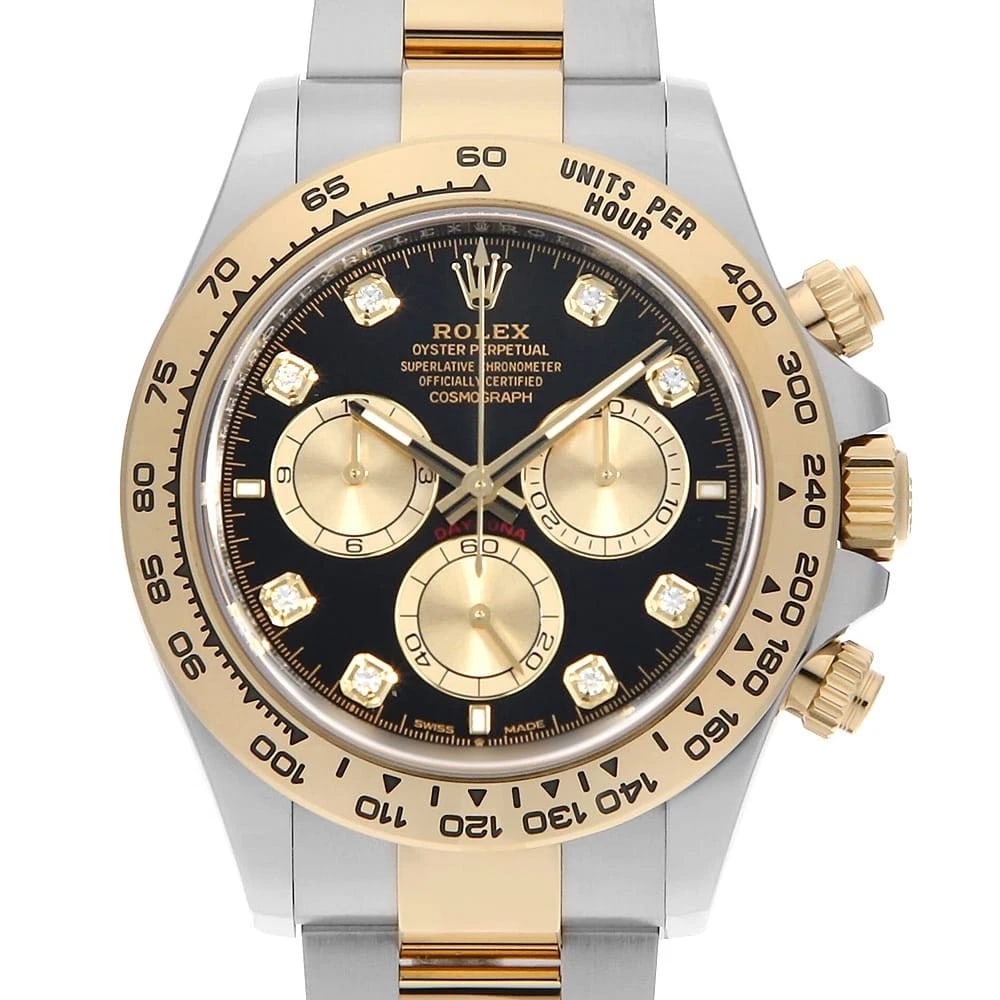 ROLEX COSMOGRAPH DAYTONA 8P DIAMOND BLACK X GOLD WATCH: ROLEX Cosmograph Daytona 8P diamond Black x Gold Watch Brand: ROLEX Type: Wrist watch Material: Band Material Stainless Steel/Yellow Gold, Case Material Stainless Steel/Yellow Gold Color: Dial Colo