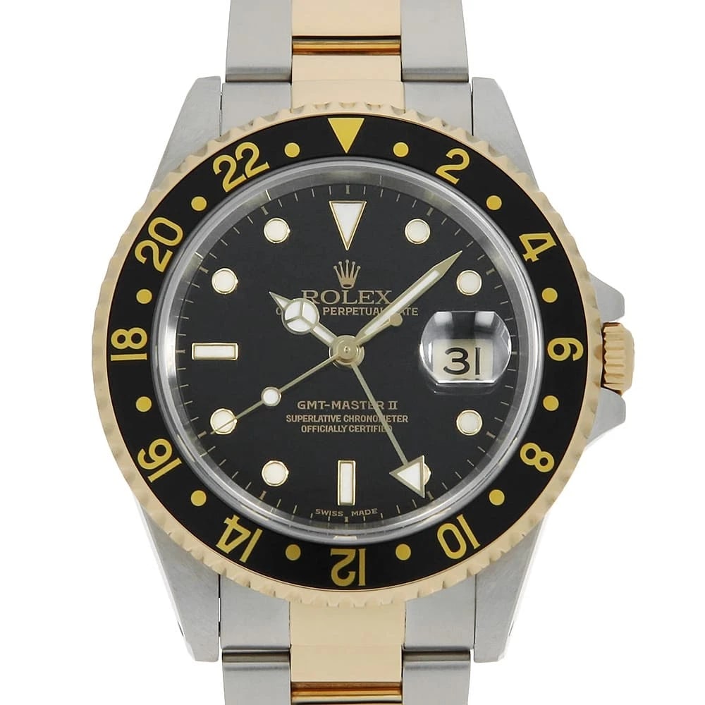 ROLEX GMT MASTER BLACK ROW OYSTER BRACELET WATCH: ROLEX GMT Master black row oyster bracelet Watch Brand: ROLEX Type: Wrist watch Material: Band Material Stainless Steel/Yellow Gold, Case Material Stainless Steel/Yellow Gold Color: Dial Color Blac