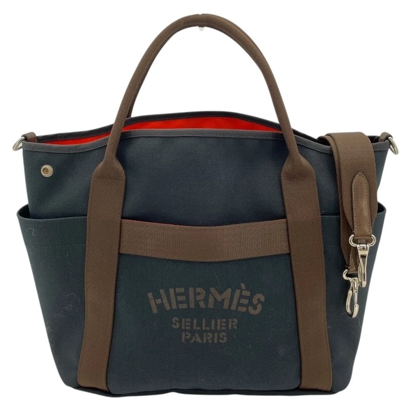 HERMES SACKED PANSAGE TOTE BAG: HERMES Sacked Pansage Tote Bag Brand: HERMES Type: Tote Bag Material: Towar Color: Navy SilverHardware Size: W15.0 x H13.0x D6.3inch Shoulder:38.2inch Accessories: None Accessories Notice: